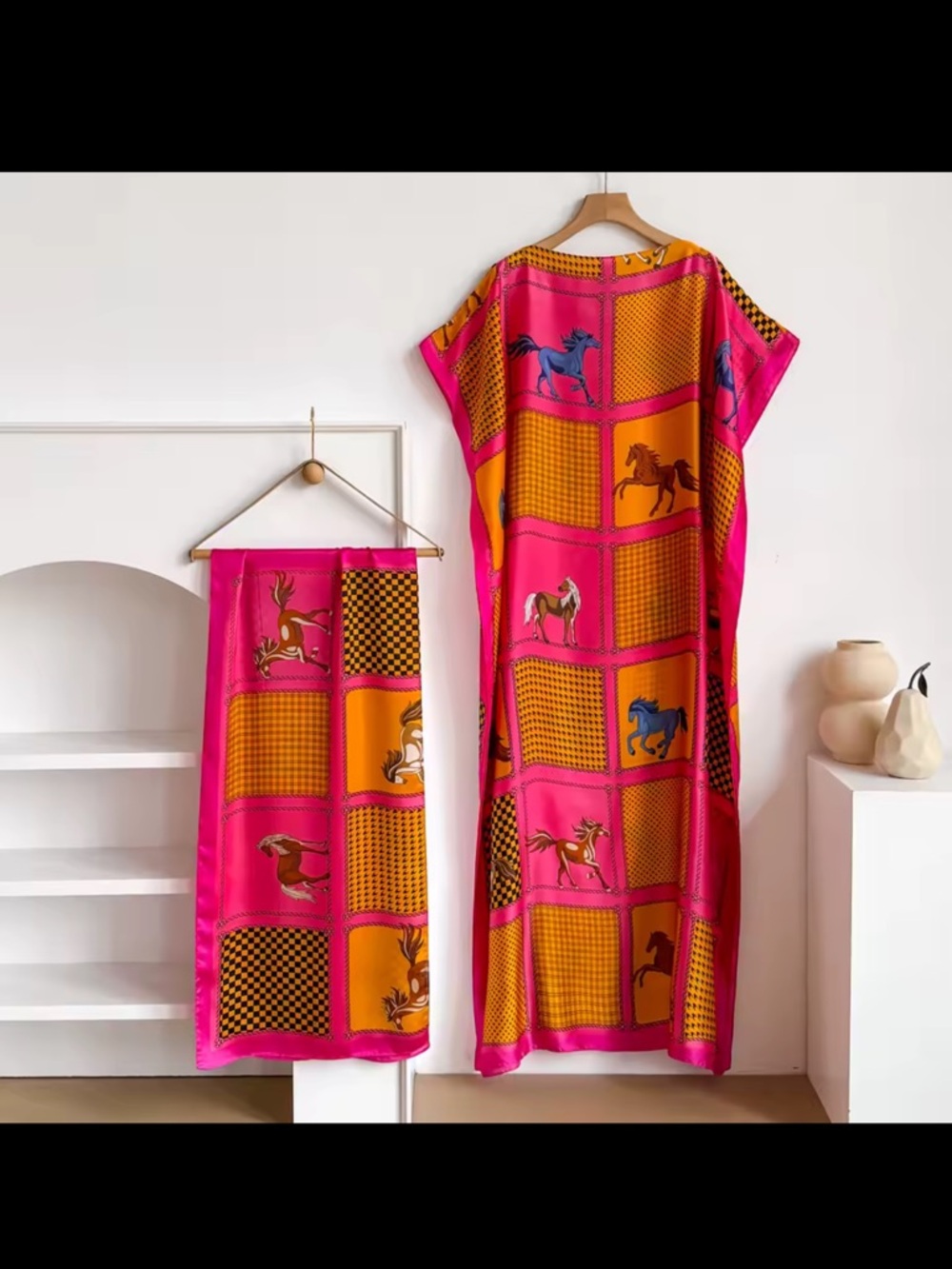 Vibrant Pink & Orange Horse Print Maxi Caftan